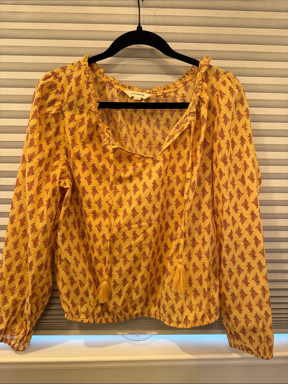 Lucky Brand Mustard Yellow Floral Tie-Neck Peasant Blouse